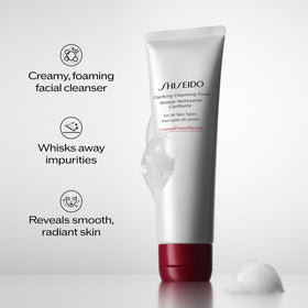 Shiseido foam dispensed on hand demonstrating rich lather for effective cleansing