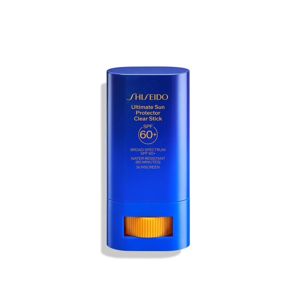 Shiseido clear stick front packaging showing compact sunscreen portability and SPF protection