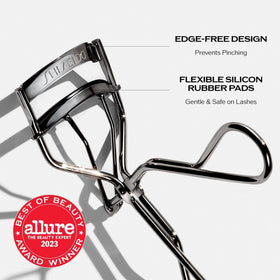 Shiseido curler side profile highlighting broad curve for full lash capture
