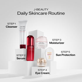 Shiseido cleanser in bathroom lifestyle setting showing refreshed skin after use