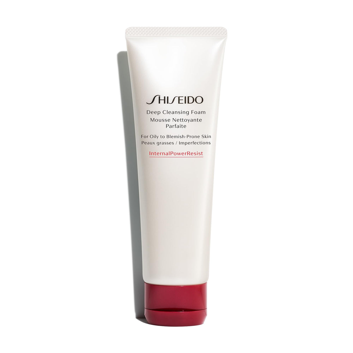 Shiseido deep cleansing foam front packaging showing 125 mL tube and branding benefits