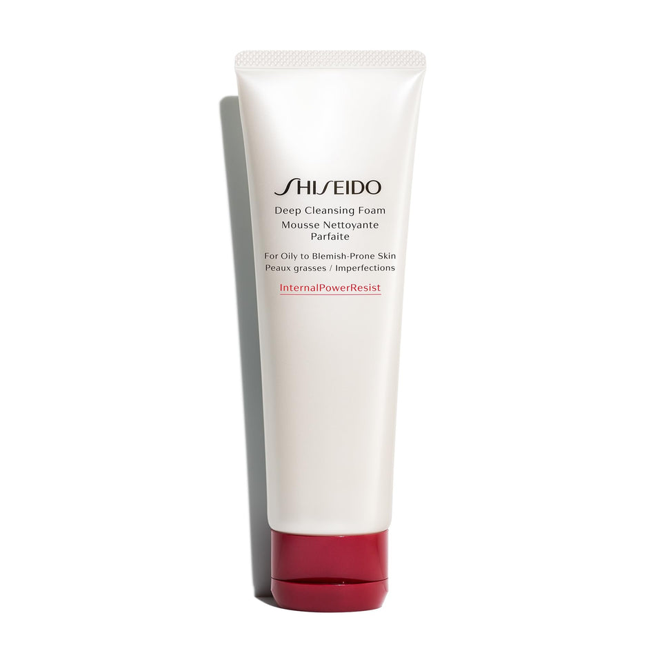 Shiseido deep cleansing foam front packaging showing 125 mL tube and branding benefits