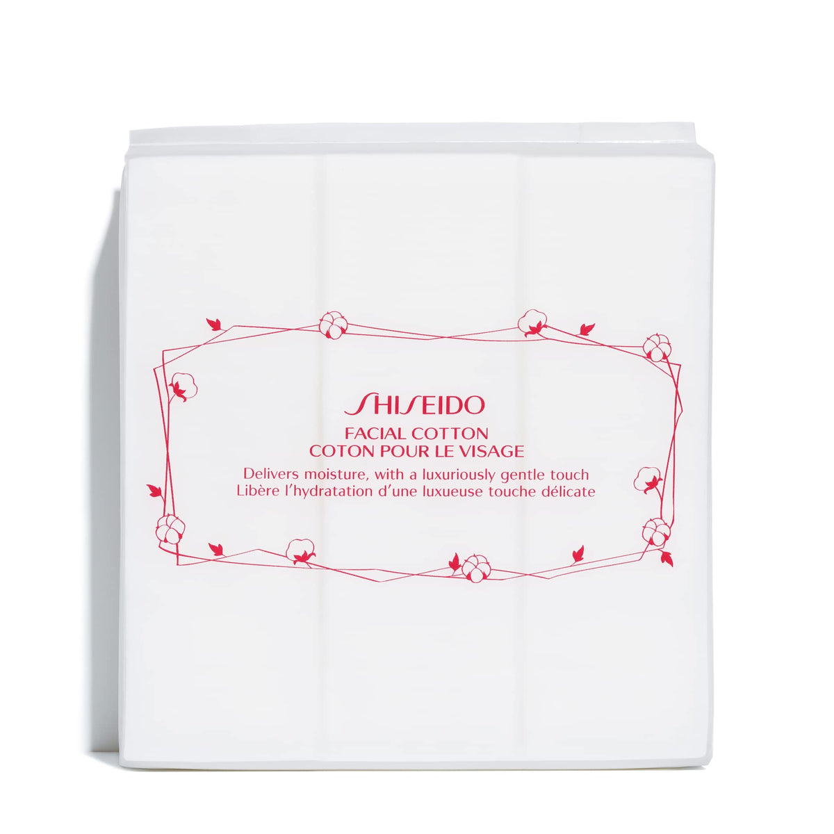 Shiseido front packaging showing 165 cotton pads and brand clarity