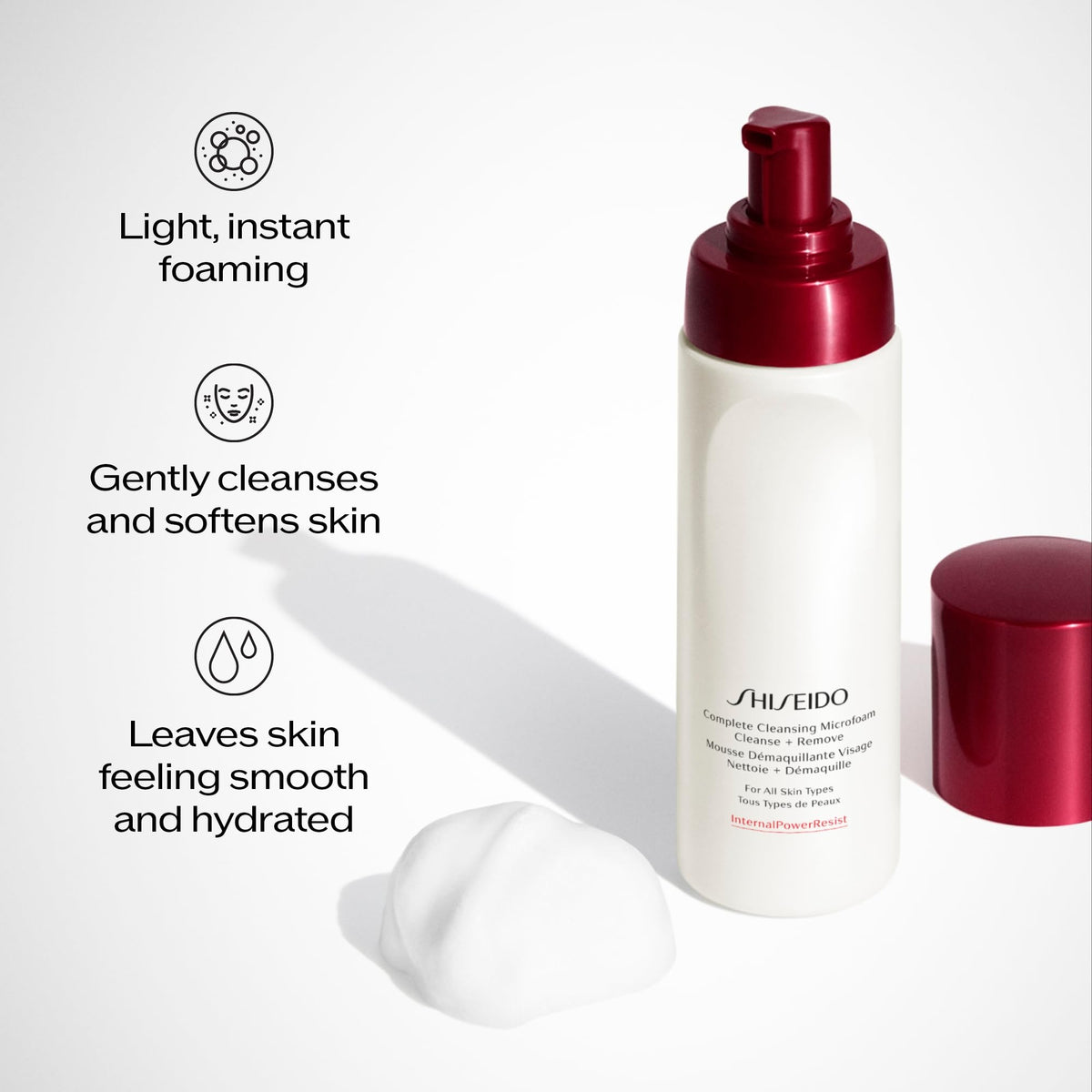 Shiseido foam in palm demonstrating application and easy makeup removal benefit
