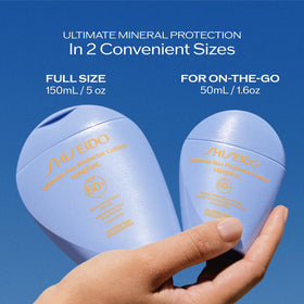 Shiseido label closeup highlighting mineral SPF and fragrance‑free benefit