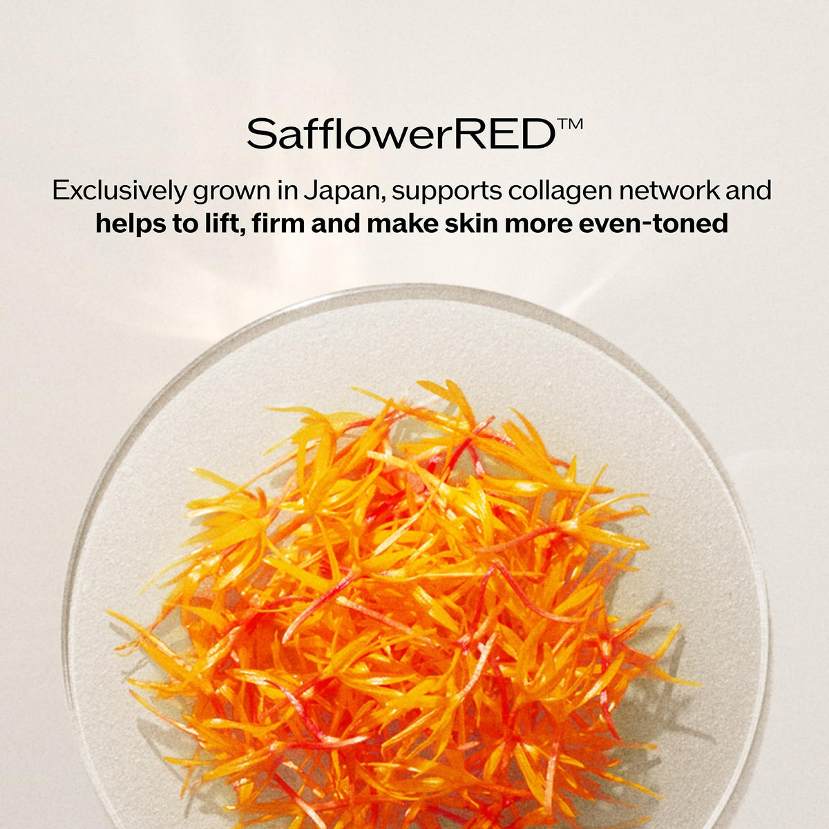 Shiseido safflowerRED ingredient macro view emphasizing lifting technology