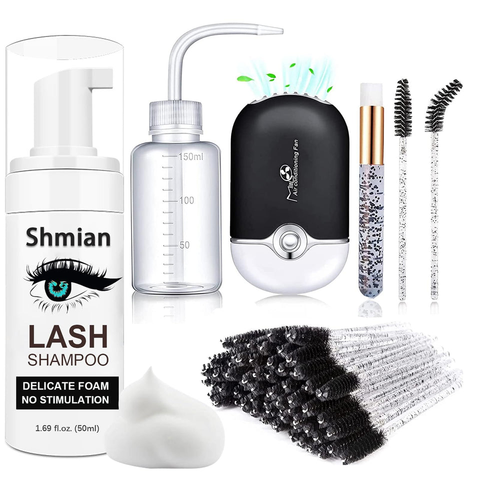 Shmian front packaging showing full lash shampoo kit and accessories for easy care