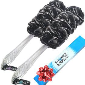 Shower Bouquet front packaging showing two charcoal loofahs and long handles, clear product view and benefits