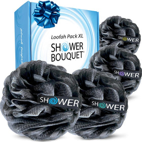 Shower Bouquet front packaging showing four charcoal loofahs and brand