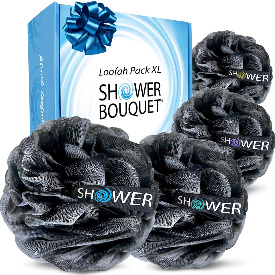 Shower Bouquet front packaging showing four charcoal loofahs and brand