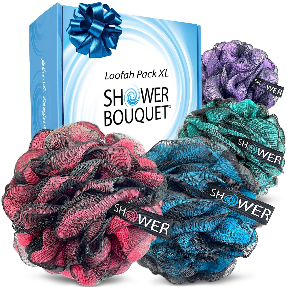 Shower Bouquet front pack view showing four charcoal loofahs and brand