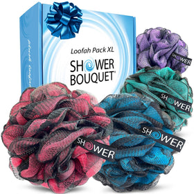 Shower Bouquet front pack view showing four charcoal loofahs and brand