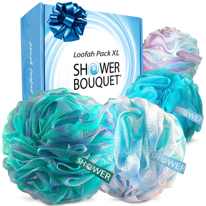 Shower Bouquet front packaging showing four-color XL pouf set and value