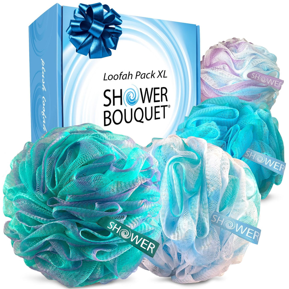 Shower Bouquet front packaging showing four-color XL pouf set and value