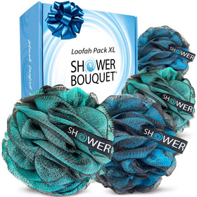 Shower Bouquet front packaging showing four extra-large blue and green poufs for generous lather