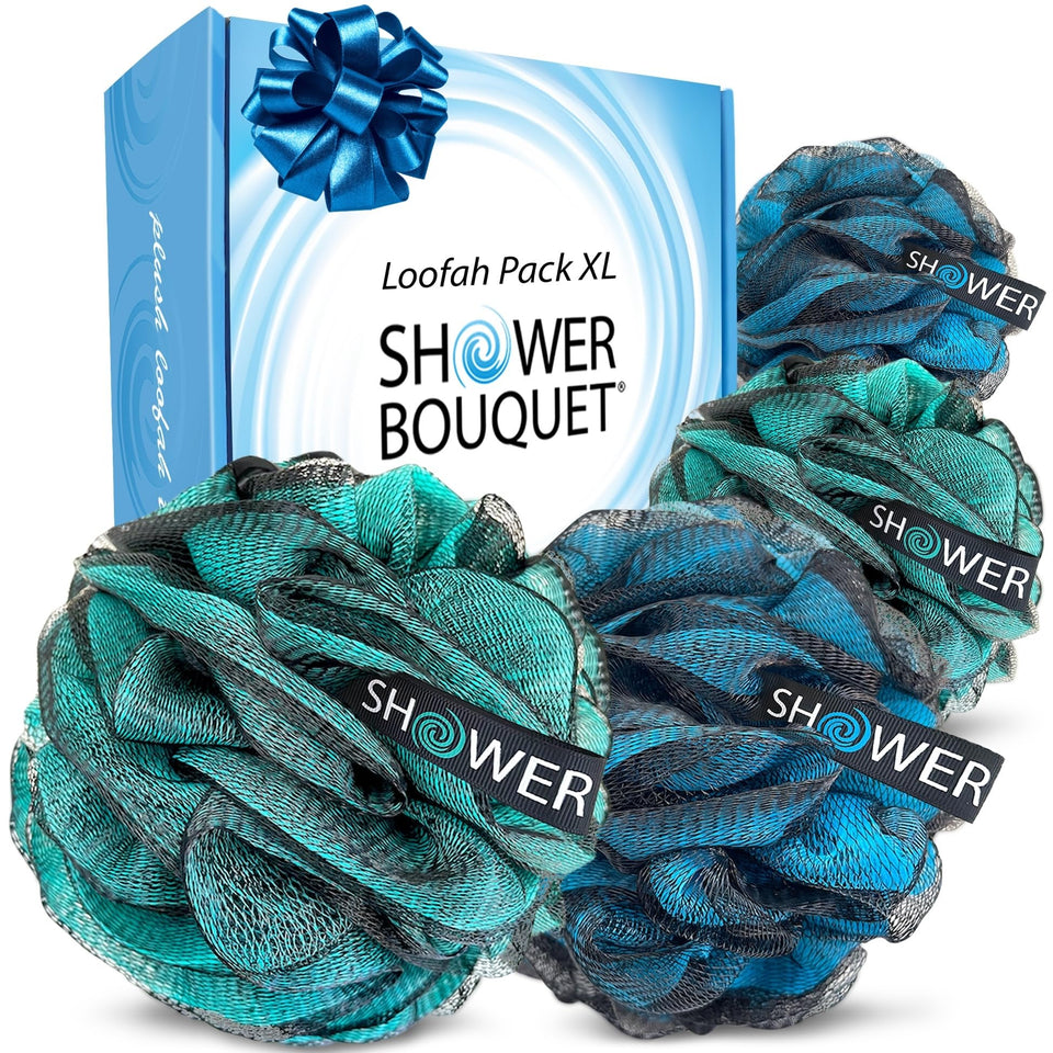 Shower Bouquet front packaging showing four extra-large blue and green poufs for generous lather