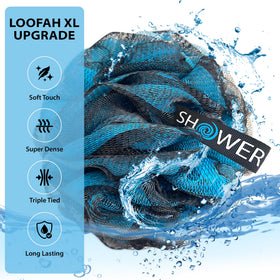Shower Bouquet extra-large loofah in hand showing size and comfort