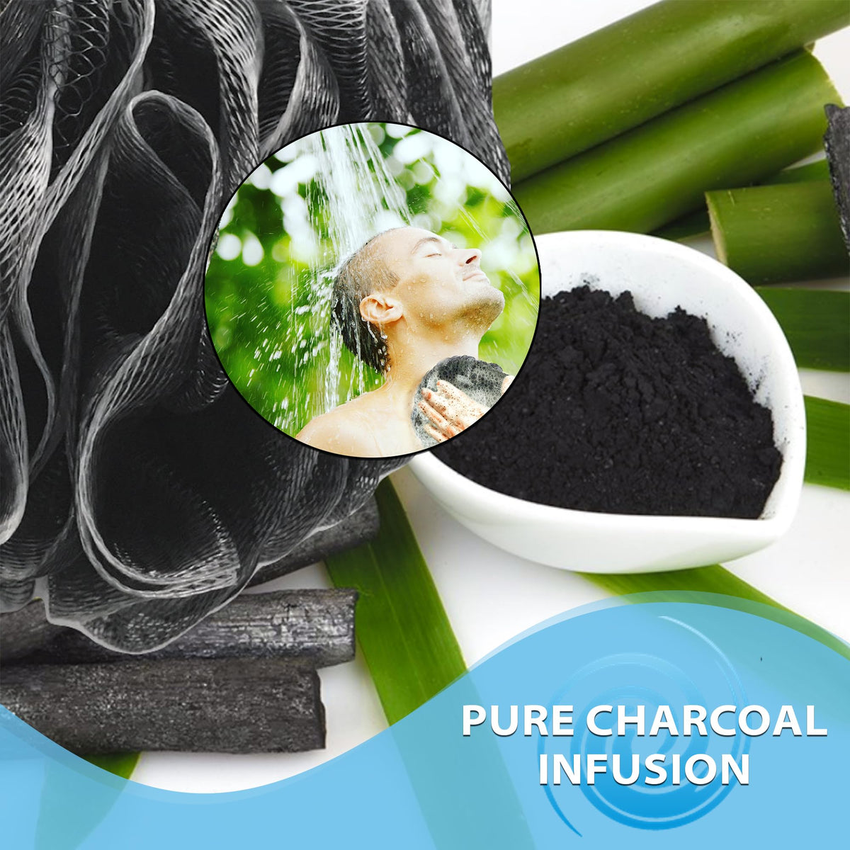 Shower Bouquet loofah in use creating suds for efficient body wash use