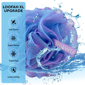 Shower Bouquet loofah hanging in bathroom illustrating fast drying convenience