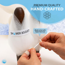 Shower Bouquet size comparison in hand illustrating extra-large 75g pouf