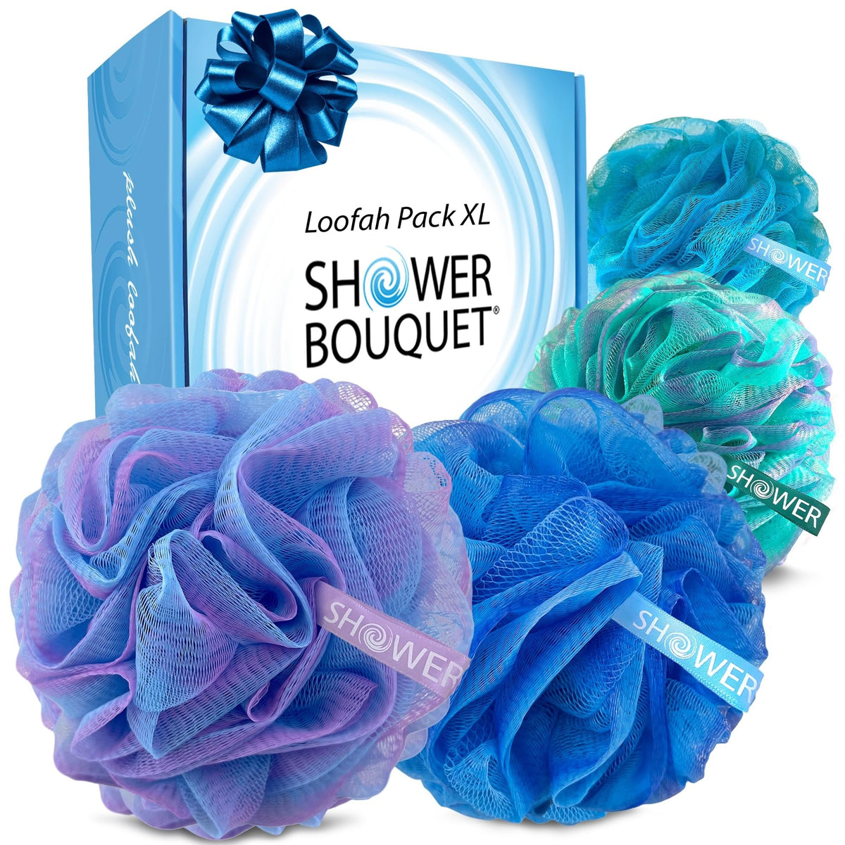 Shower Bouquet front packaging showing four XL soft mesh poufs and branding benefit
