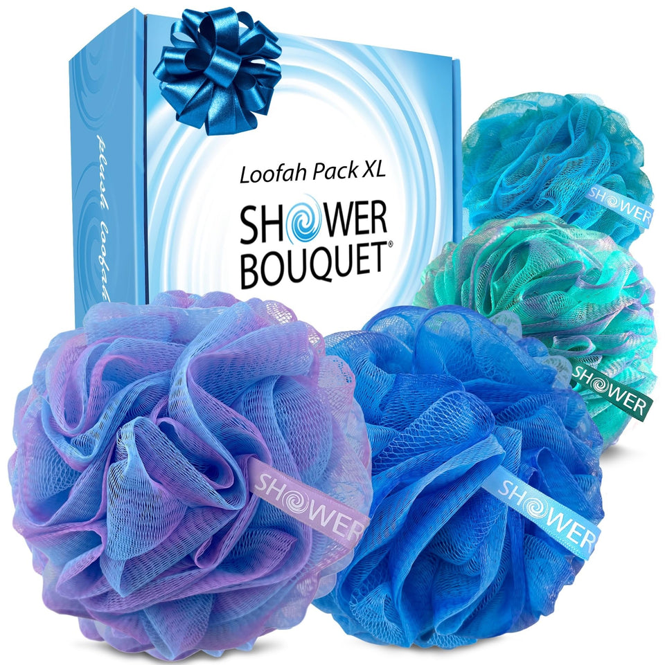 Shower Bouquet front packaging showing four XL soft mesh poufs and branding benefit