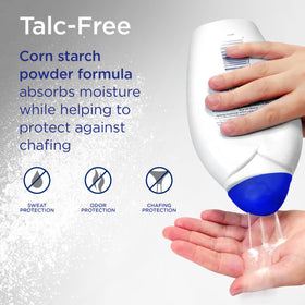 Shower To Shower powder being applied from hands to skin for sweat control