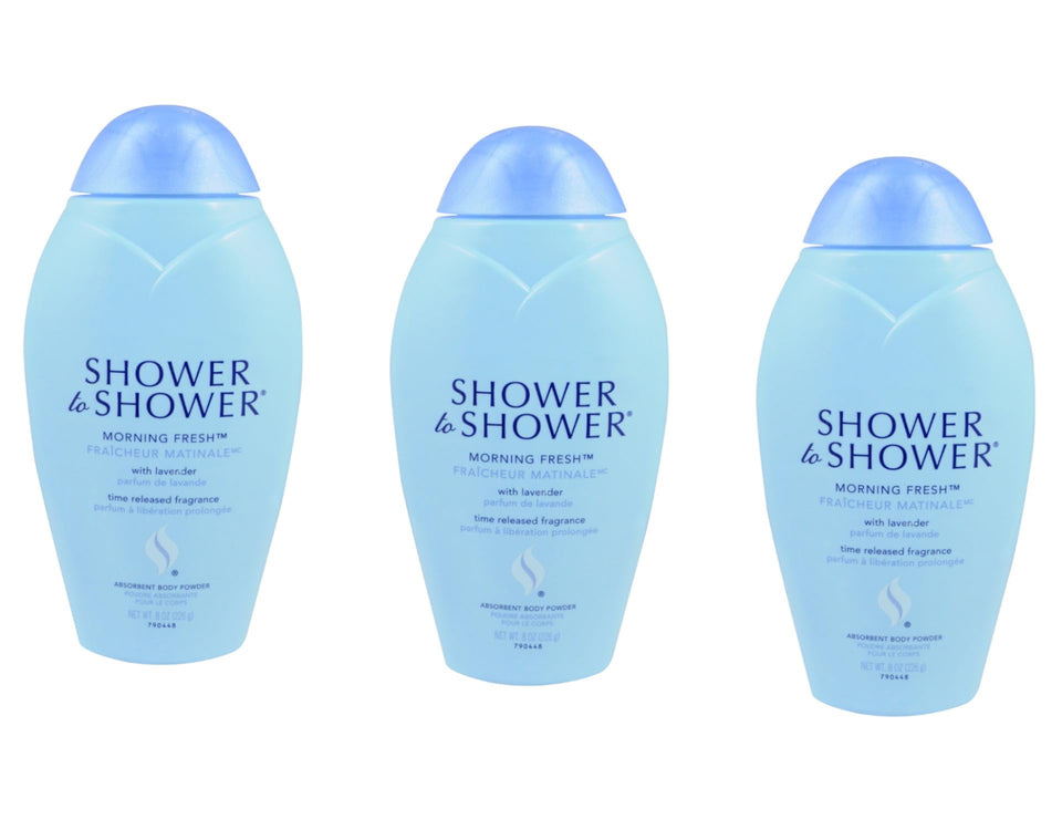 Shower To Shower front packaging showing three 8 oz tubs and product benefits