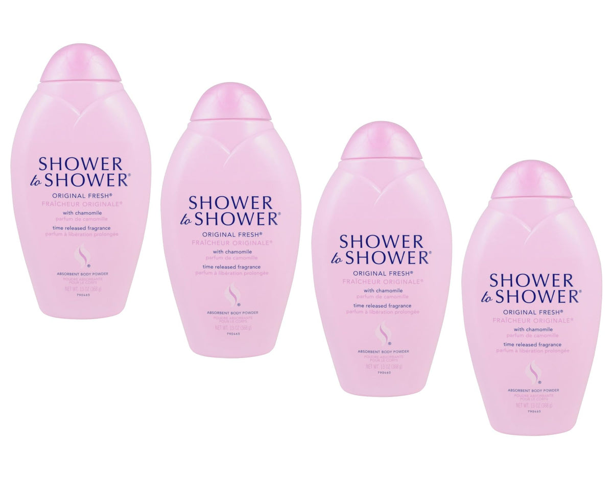 Shower To Shower front packaging shows 13 oz jar and 4-pack convenience for freshness