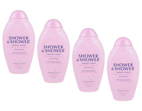 Shower To Shower front packaging shows 13 oz jar and 4-pack convenience for freshness