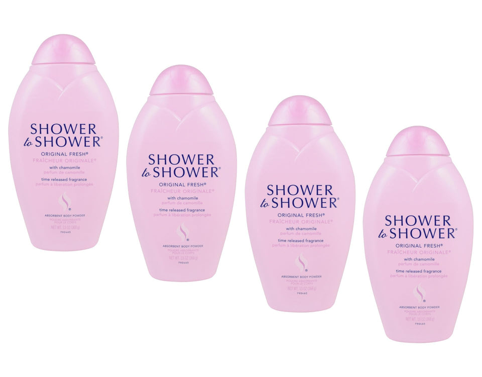 Shower To Shower front packaging shows 13 oz jar and 4-pack convenience for freshness