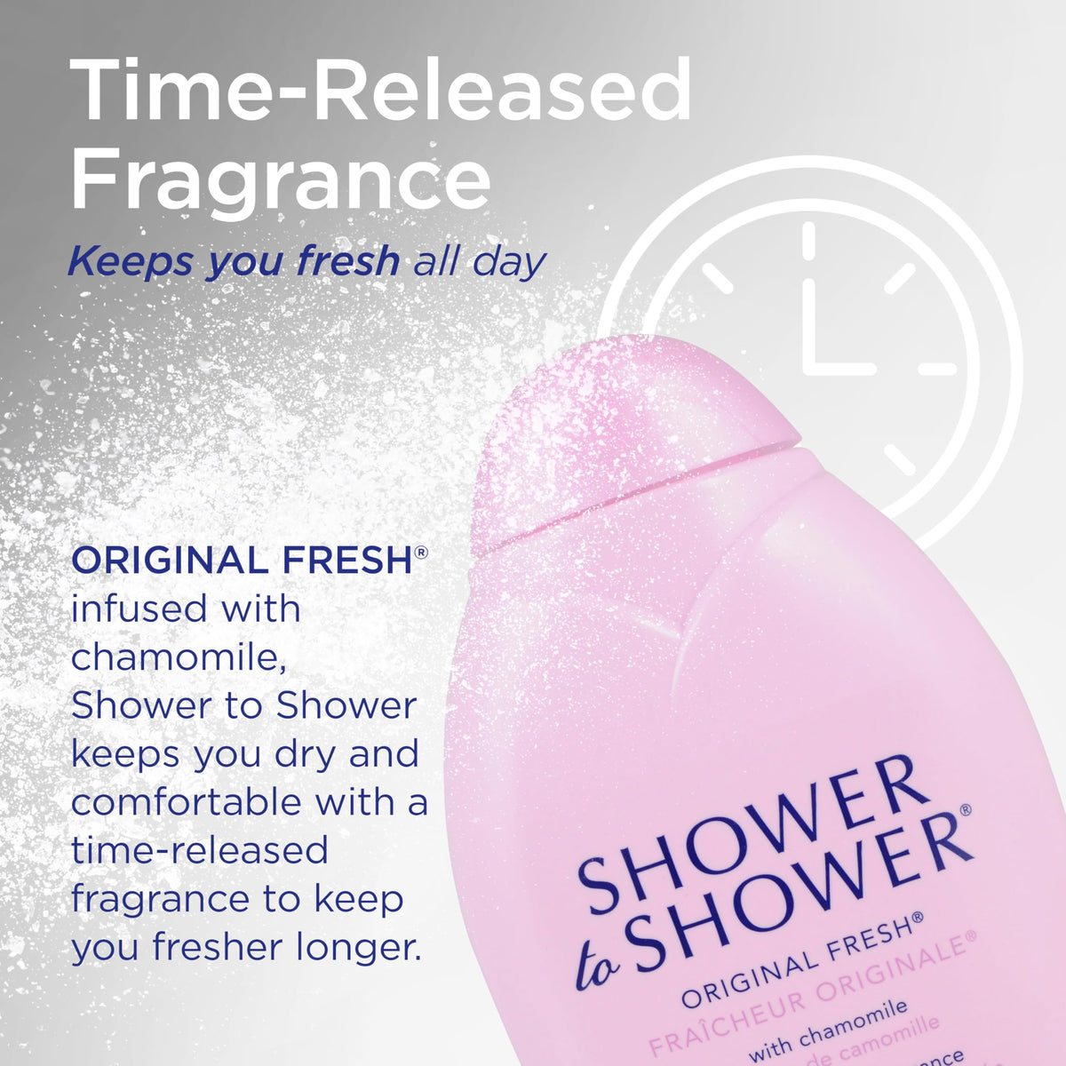 Shower To Shower label detail showing chamomile scent and talc-free benefit