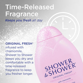 Shower To Shower label detail showing chamomile scent and talc-free benefit