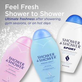 Shower To Shower on bathroom shelf in lifestyle scene promoting daily freshness