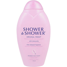 Shower To Shower open jar top view revealing fine talc-free powder for fast absorption