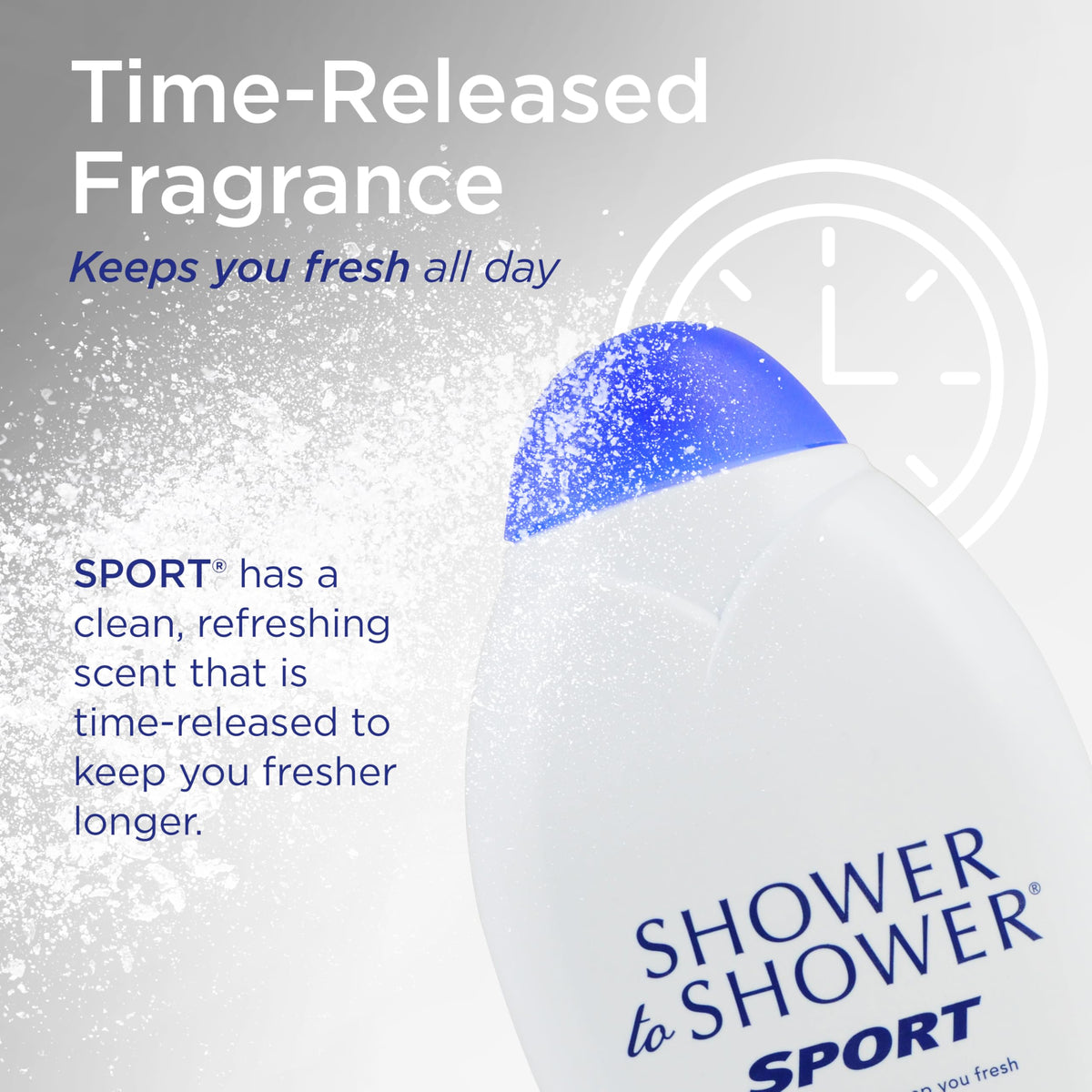 Shower To Shower 8 oz container held in hand showing travel-friendly size