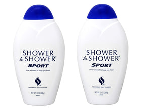 Shower To Shower front packaging showing two 13-ounce bottles and brand freshness