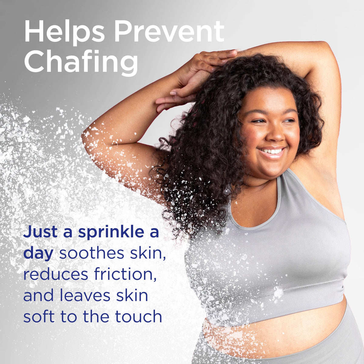 Shower to Shower applied to thigh to reduce chafing and moisture benefit