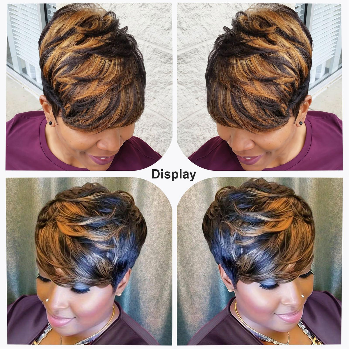 showreal side profile of short wig highlighting layered cut and modern shape