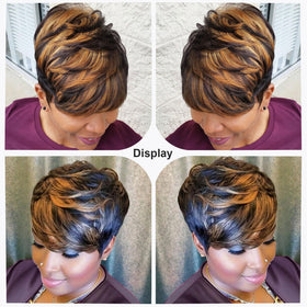 showreal side profile of short wig highlighting layered cut and modern shape