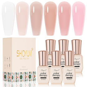 SHOYUM front packaging showing six nude pink jelly gel bottles and product benefits