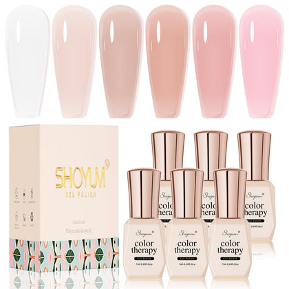 SHOYUM front packaging showing six nude pink jelly gel bottles and product benefits