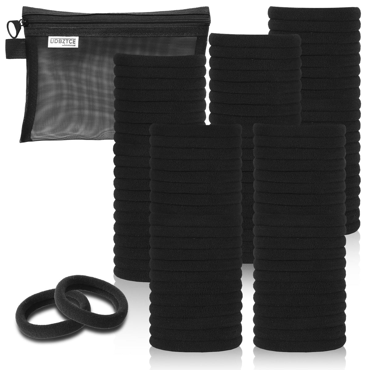 Shrandi front packaging showing 100 black seamless hair ties and value
