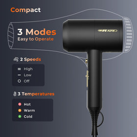SHRATE hair dryer on bathroom counter styled scene enabling quick daily touch-ups