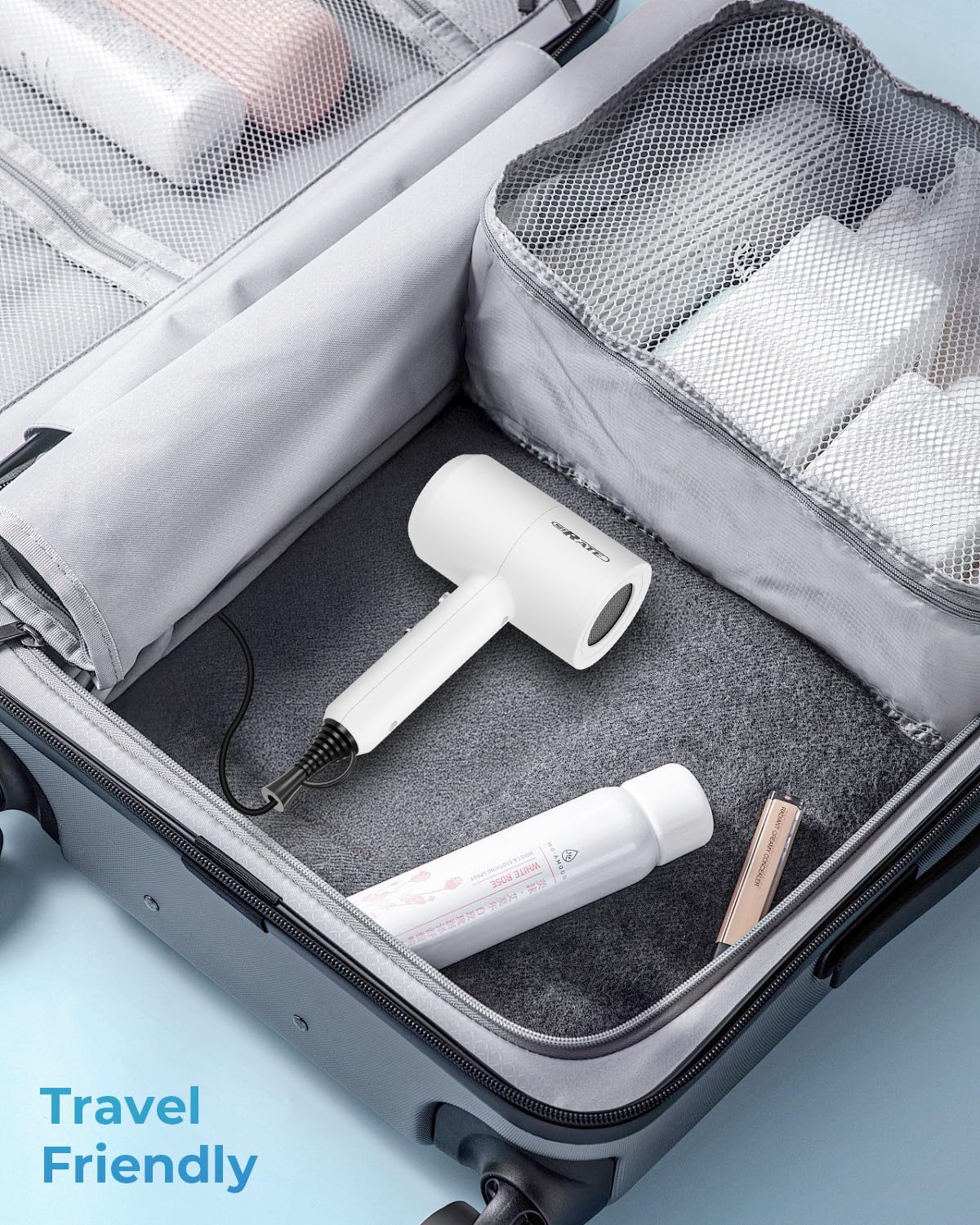 SHRATE hair dryer packed in a travel bag demonstrating portability and convenience