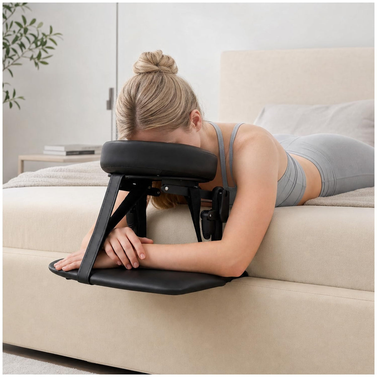 ShtNeeg front view attached to bed showing stable support and comfort