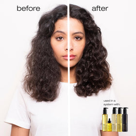 shu uemura applying oil to damp hair to detangle and protect before styling