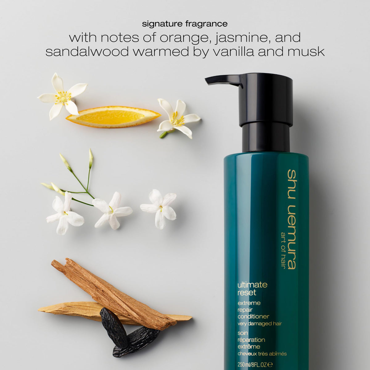 shu uemura art of hair label close-up showing fragrance notes and sensory benefit