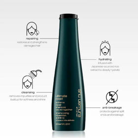 shu uemura art of hair pump and label detail highlighting product name and usage clarity