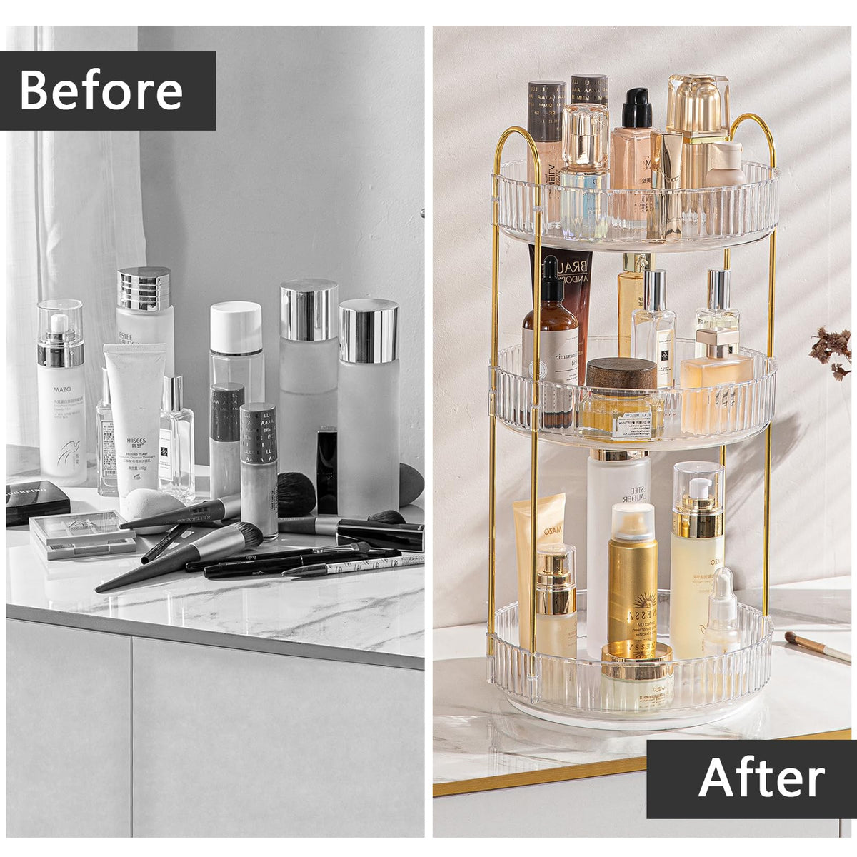 shuang qing on bathroom vanity demonstrating organized skincare and elegance